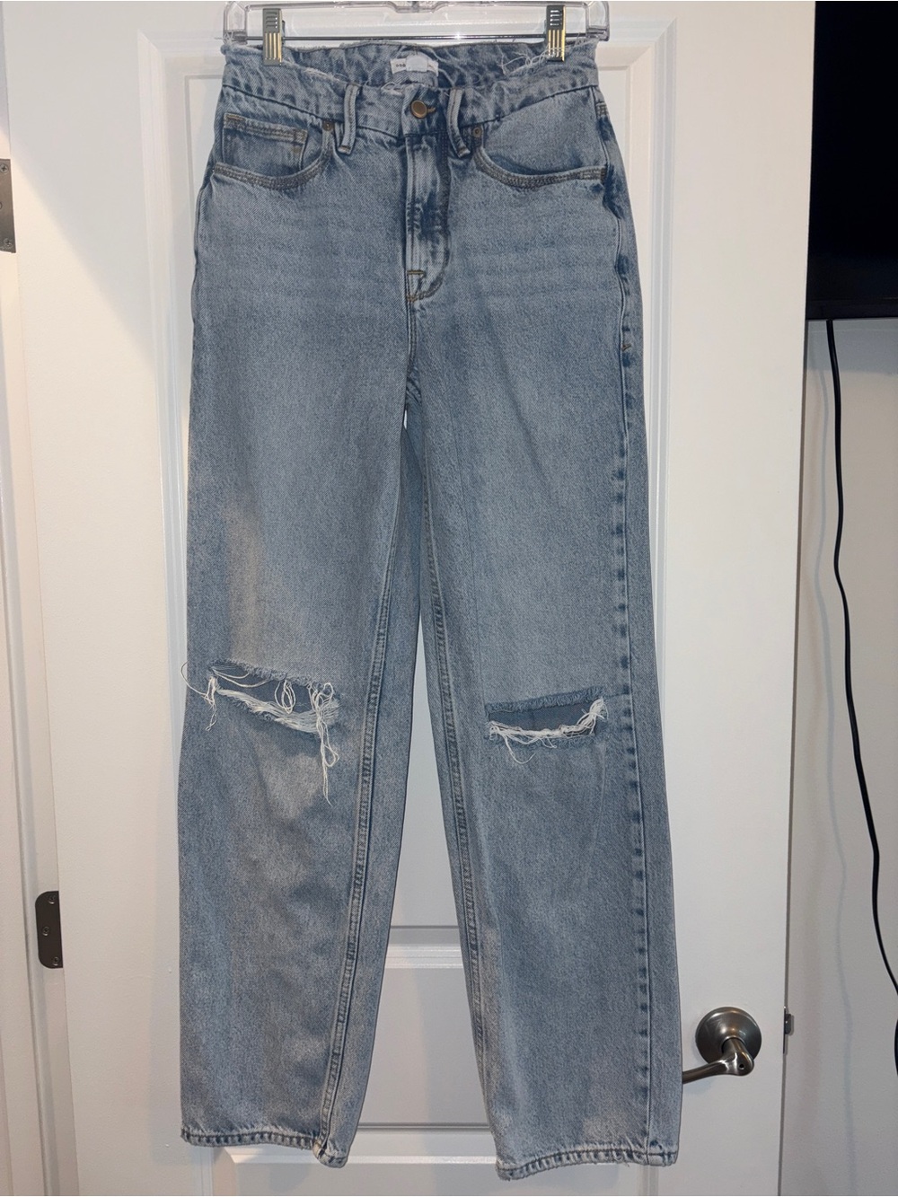 Good American Light Blue Distressed Wide Leg Jeans